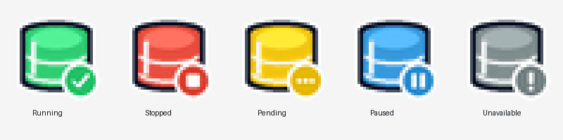 MySQL Tray Controller status icons: running, stopped, pending, paused, unavailable