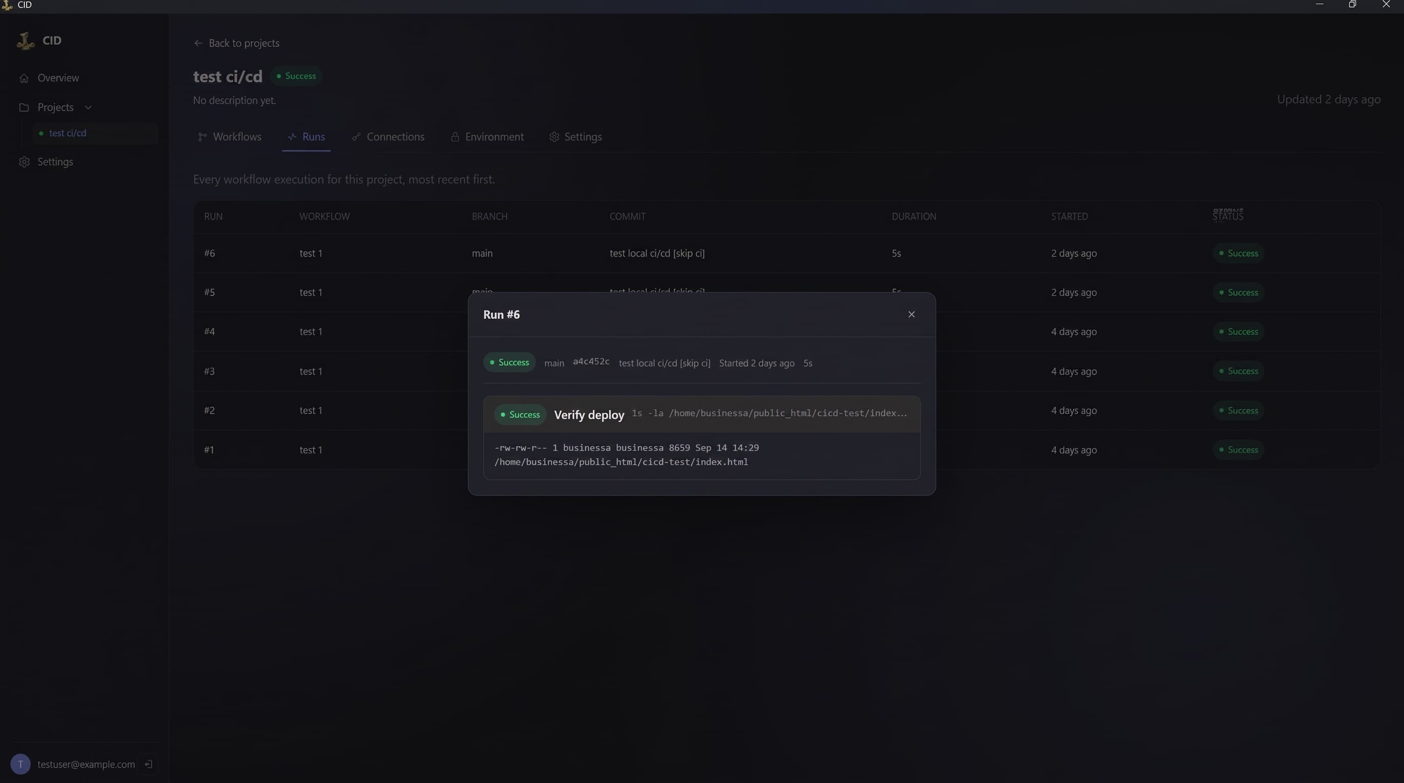 A CID run detail modal for Run #6, showing the Verify deploy step's command and live output