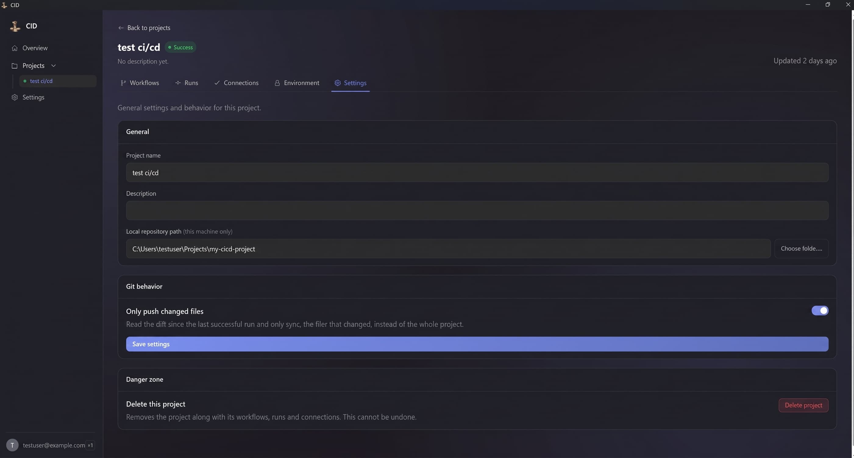A CID project's Settings tab showing the local repository path and an "only push changed files" toggle