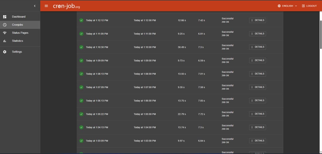 cron-job.org execution history showing successful 200 OK runs every minute