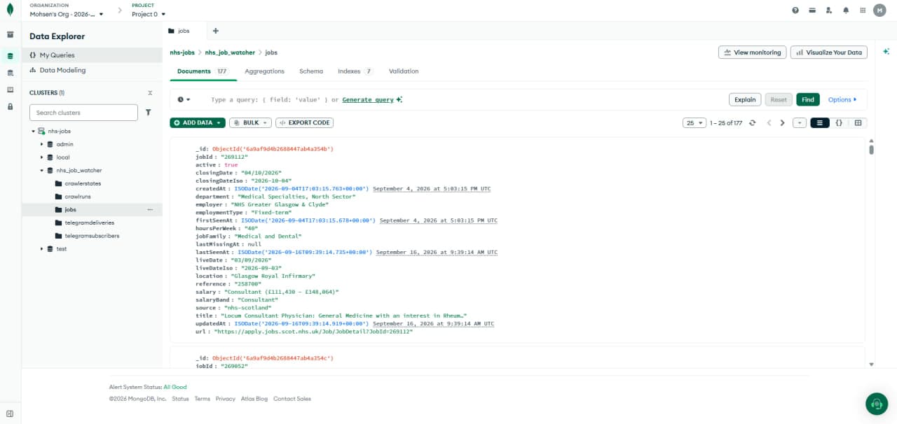 MongoDB Atlas data explorer showing the jobs collection with 177 stored documents