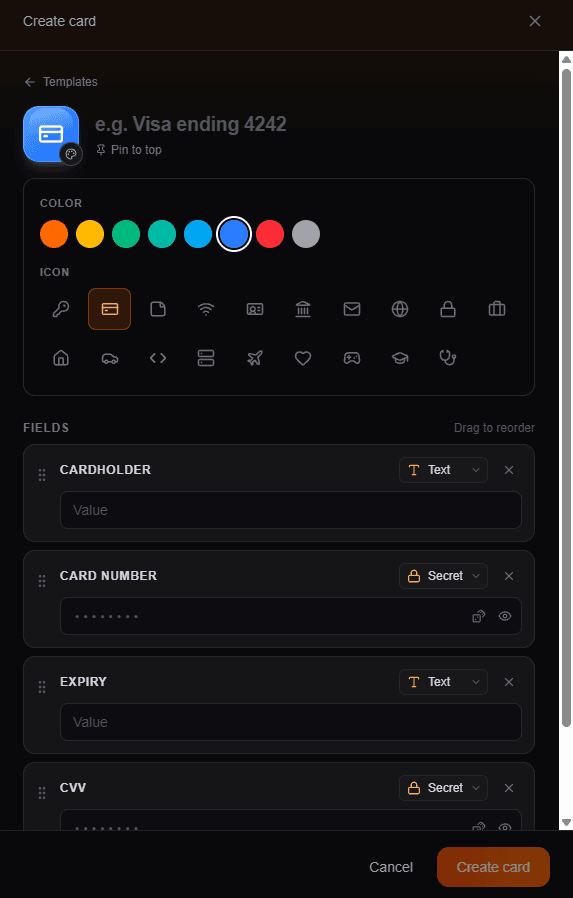 The Create card dialog with a color and icon picker and Cardholder, Card number, Expiry and CVV fields