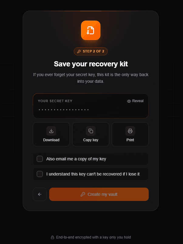 The recovery kit step with download, copy and print options, a masked secret key, and the email-a-copy and acknowledgement checkboxes