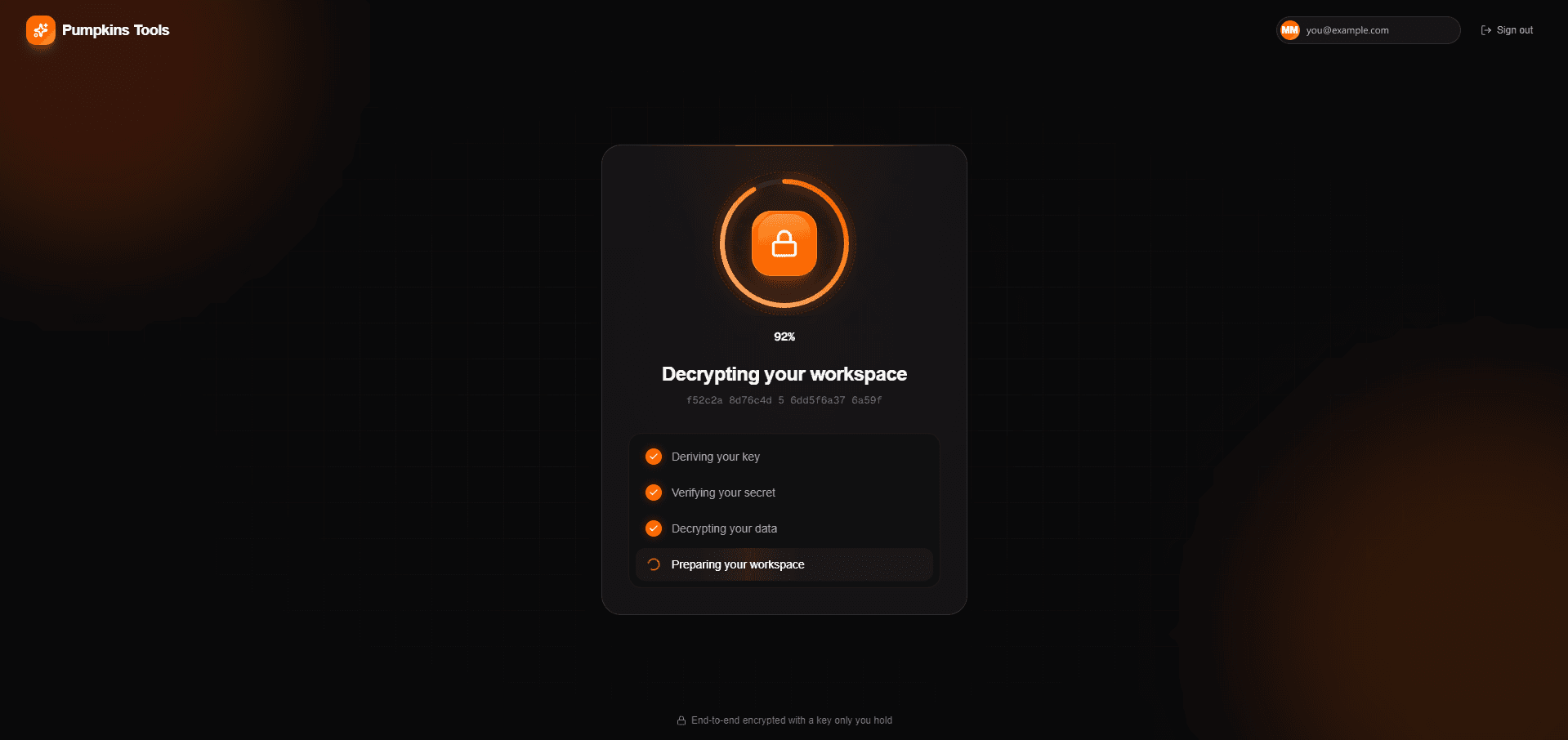 The Pumpkins Vault unlock sequence: deriving the key, verifying the secret, decrypting data, and preparing the workspace